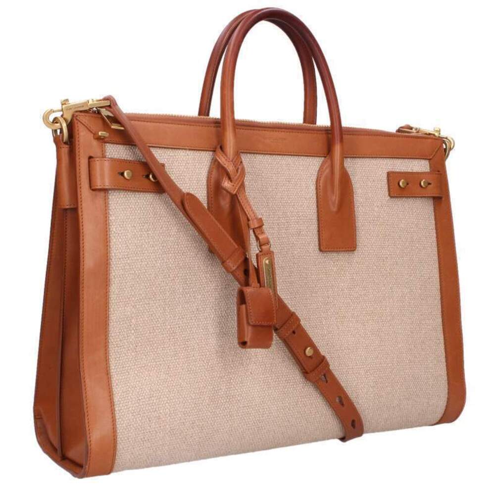 Saint Laurent Paris Thin Sac de Jour Canvas Tote Bag Shoulder Strap Brown Beige